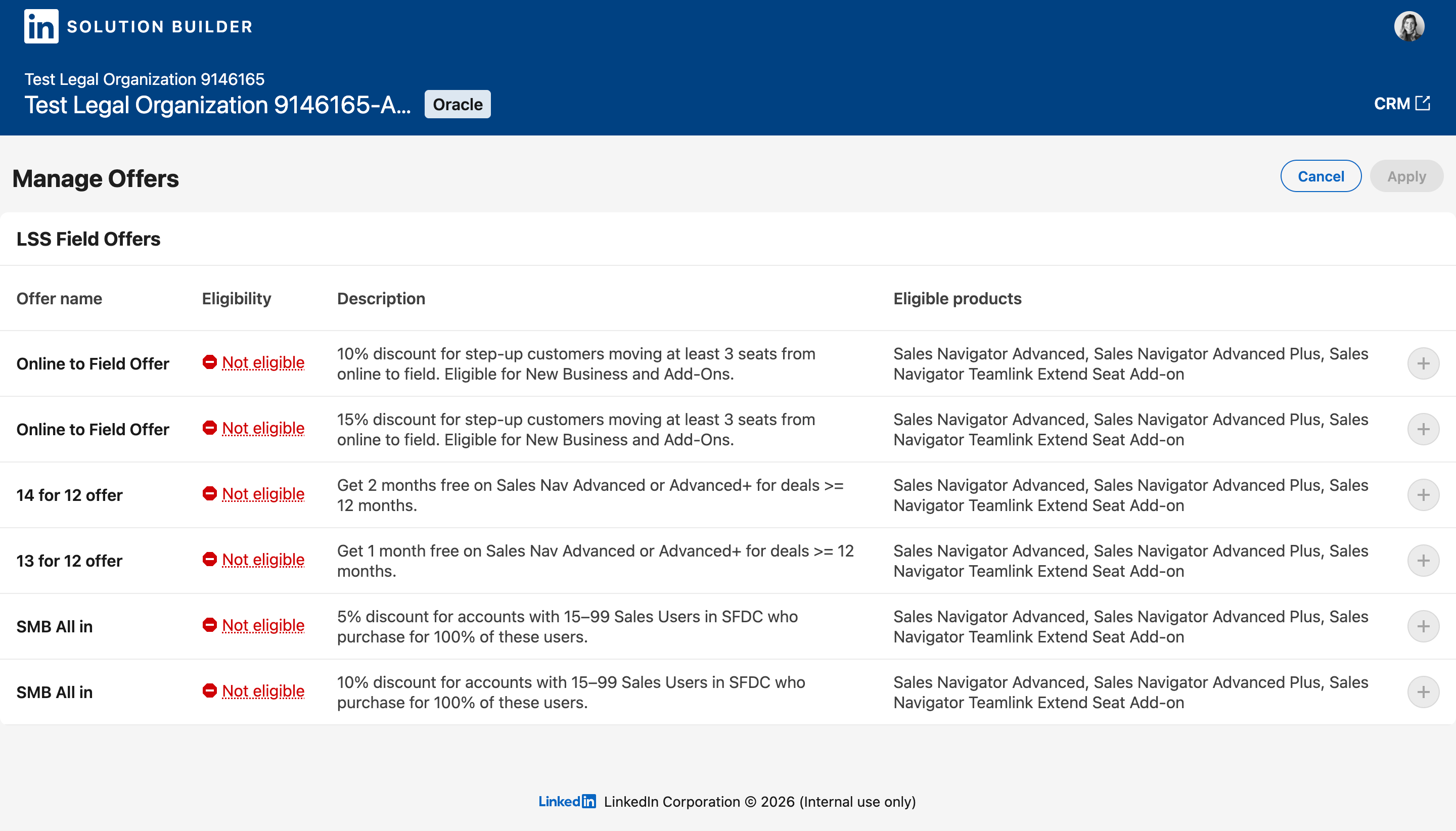 The earlier Solution Builder Manage Offers view: a flat LSS Field Offers list with eligibility, description, and eligible products columns.