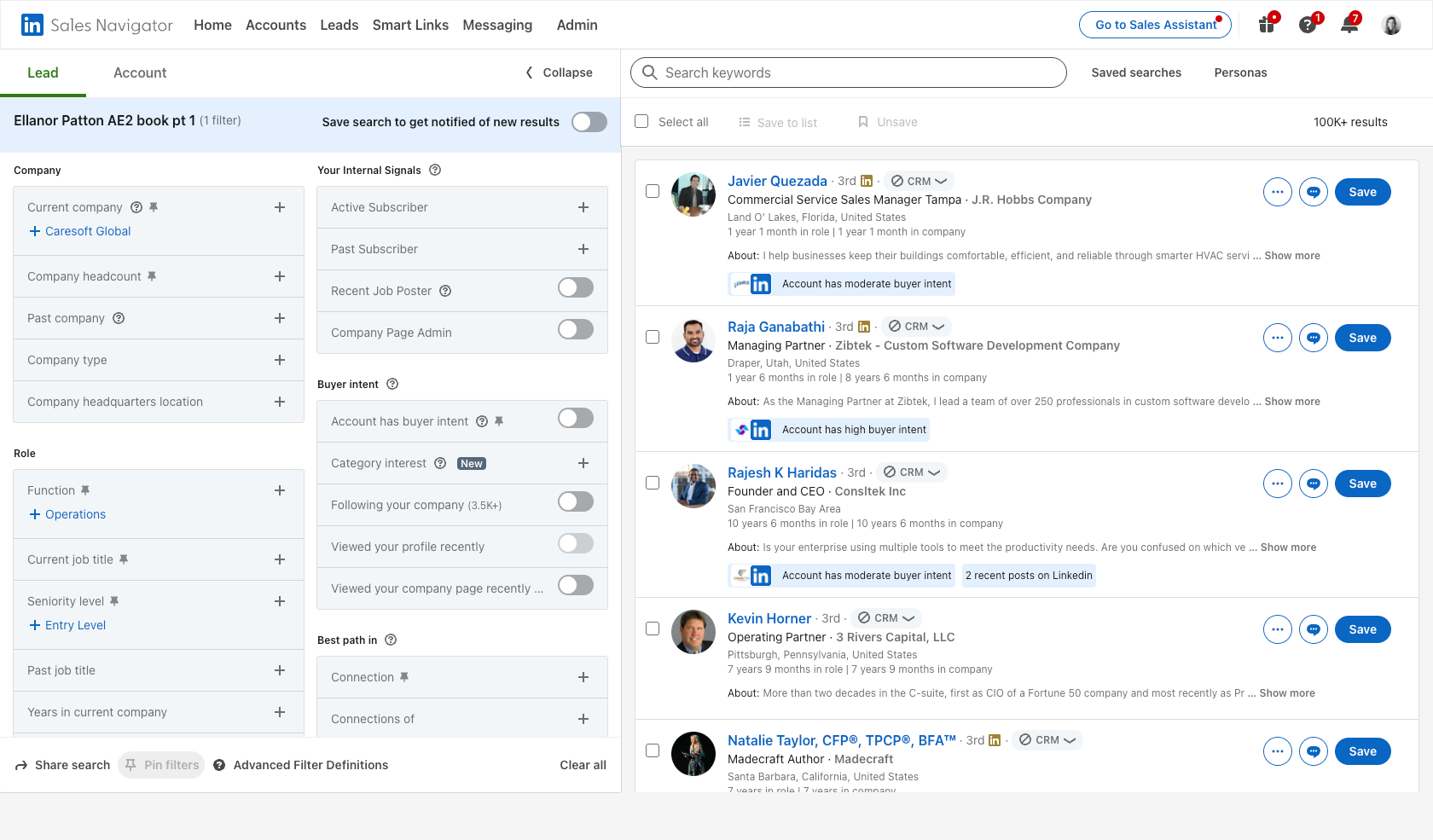 Sales Navigator Lead Search with the Your Internal Signals filter panel.