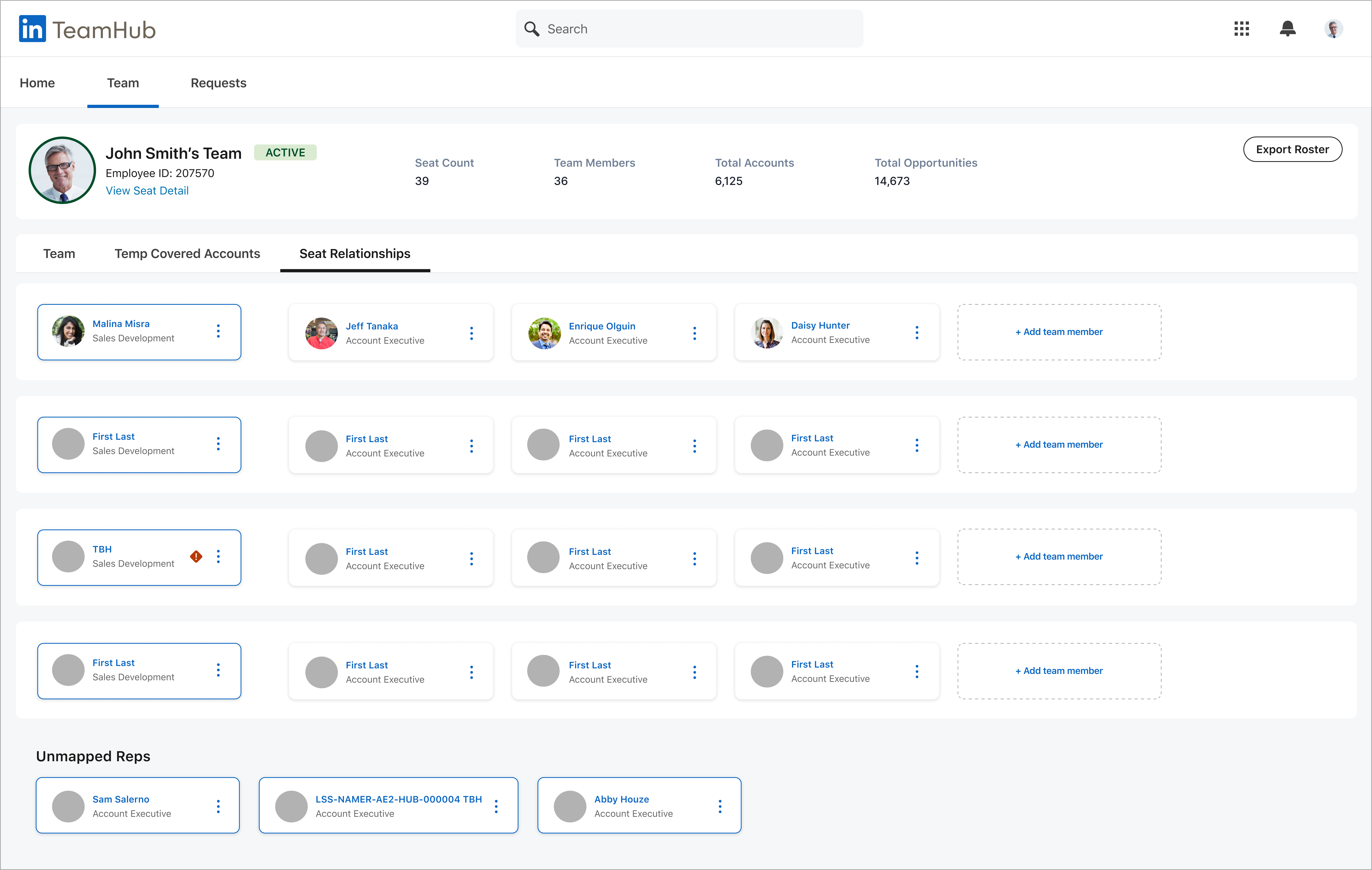 TeamHub Seat Relationships explored as cards: each Sales Development rep beside the Account Executives they support, with unmapped reps to assign.