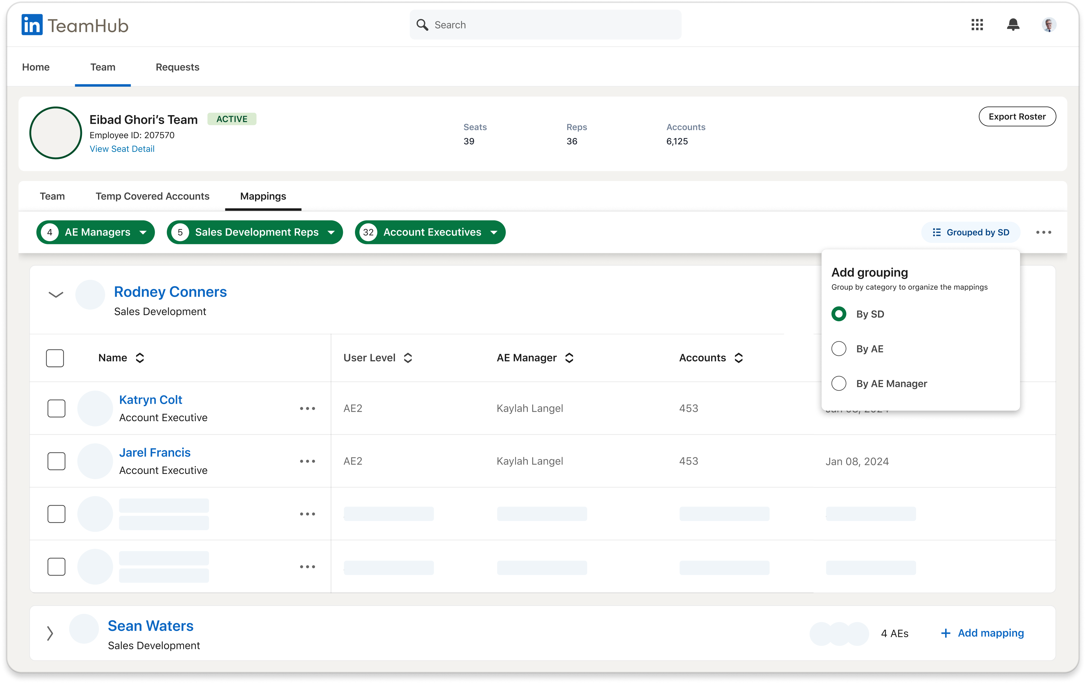 TeamHub Mappings explored as a grouped, filterable table organized by Sales Development rep, with account counts.
