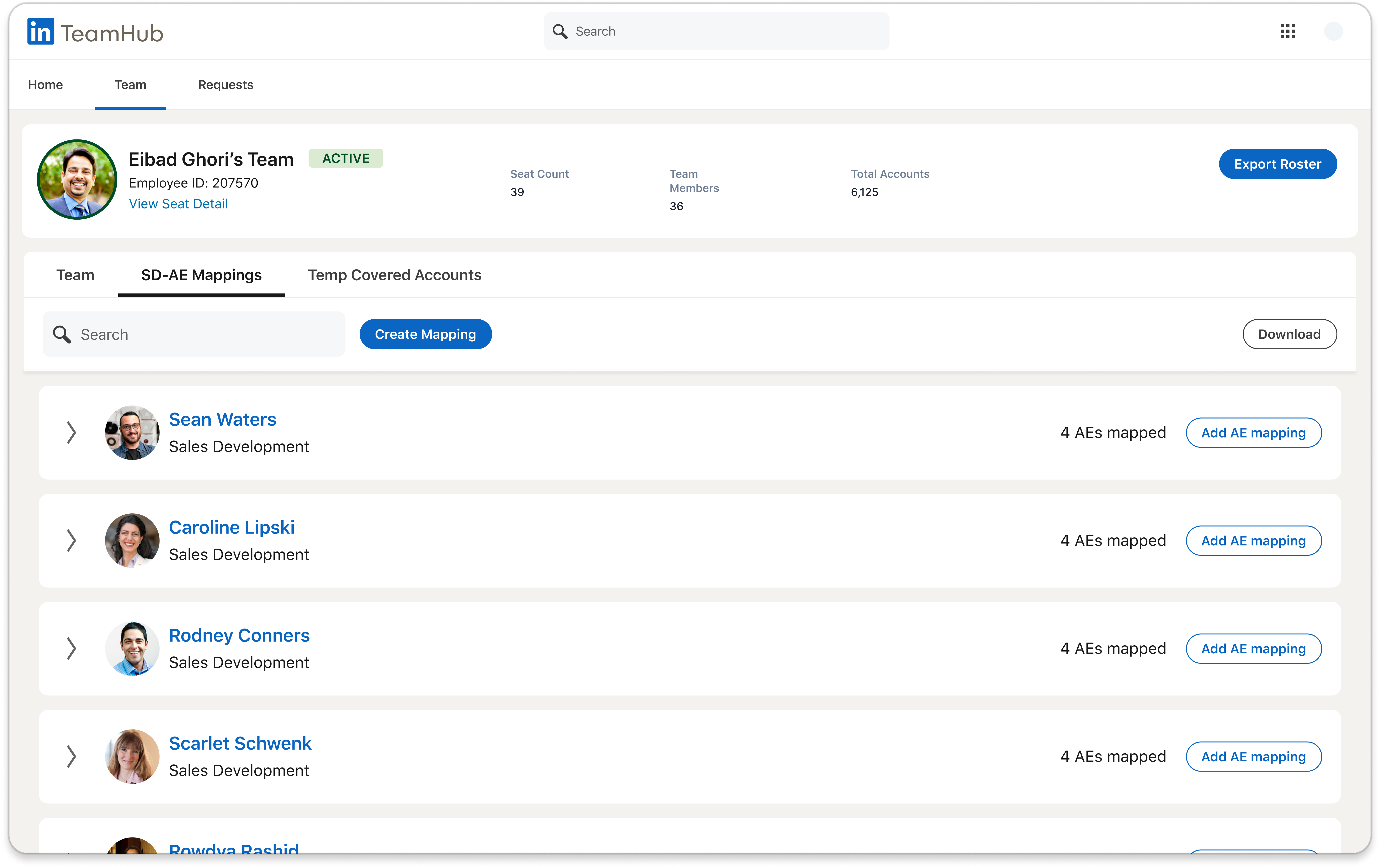 TeamHub SD-AE Mappings view mapping sales development reps to account executives.